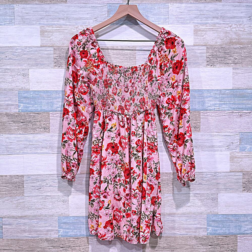 OLD NAVY Fit & Flare Long Sleeve Mini Dress Pink Floral Smocked Casual Womens XS